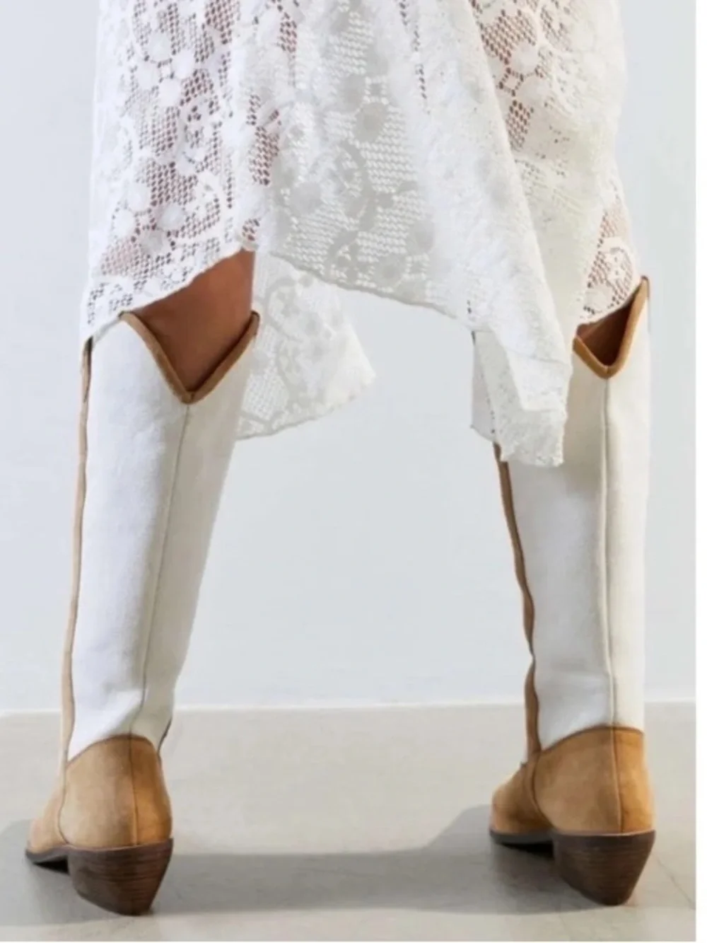 Urban Outfitters UO Leslie Tall Cowboy Boots in Tan and Cream